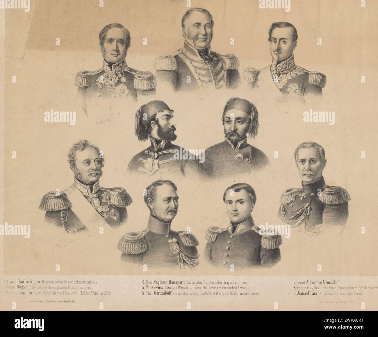 Porträts von neun Generälen, Porträts von Karl Johannes Napier, FitzRoy Somerset (Baron von Raglan), Jacques Leroy de Saint-Arnaud, Napoleon Bonaparte, Iwan Paskewitsch, Michail Dmitriwitsch Gortschakow, Alexander Sergejewitsch Menshikow, Omar Pascha und Ismael Pascha., Druckerei: Louis Lisso, Drucker: Wolf Hagelberg, Verlag: Julius Springer, Berlin, 1820 - 1860, Papier, Höhe 440 mm x Breite 565 mm, bedruckt Stockfoto