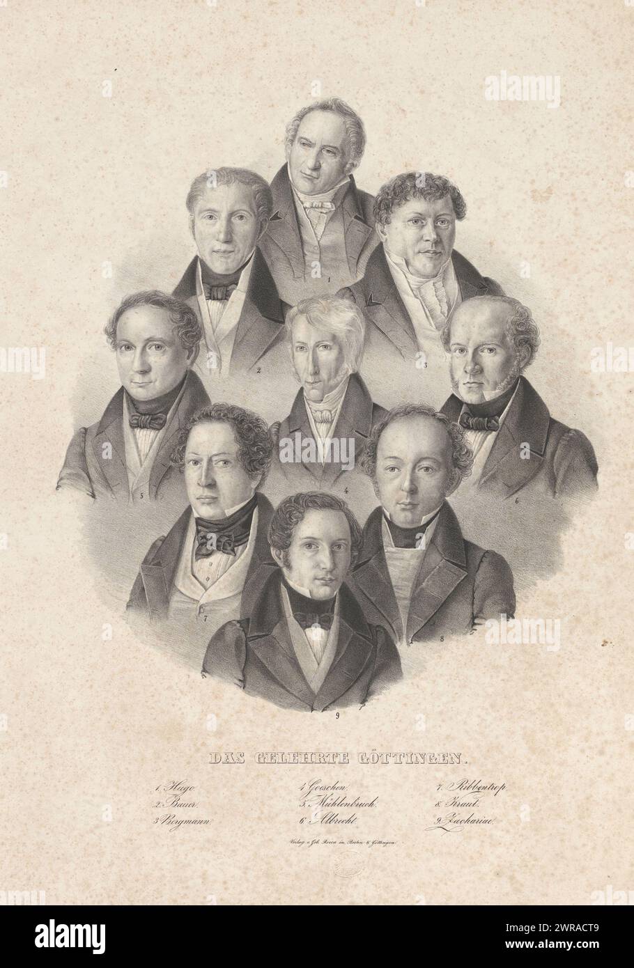 Porträts von neun Göttinger Gelehrten, das Gelehrte Göttingen (Titel auf Objekt), Porträts von Gustav von Hugo, Anton Bauer, Bergmann, Johann Friedrich Ludwig Göschen, Christian Friedrich Mühlenbruch, Wilhelm Eduard Albrecht, Ribbentrop, Kraut und Zachariae. Druckerei: anonym, Verlag: Gebroeders Rocca, Druckerei: Deutschland, Verlag: Göttingen, 1840 - 1860, Papier, Höhe 565 mm x Breite 429 mm, bedruckt Stockfoto