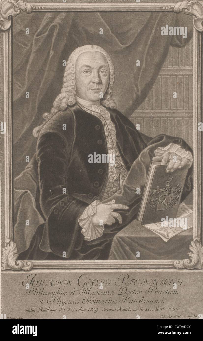 Porträt von Johann Georg Pfenning, Druckerei: Johann Jacob Haid, nach Malerei von Müller, Augsburg, 1759 - 1767, Papier, Radierung, Höhe 325 mm x Breite 206 mm, bedruckt Stockfoto