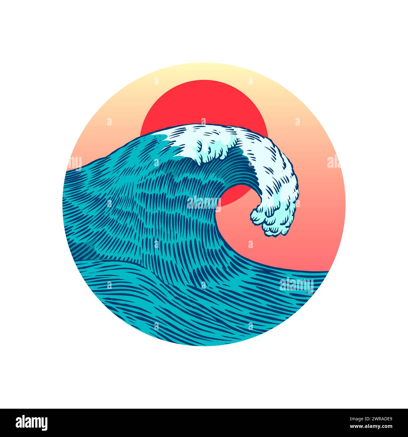 Eine Welle im Ozean mit Einer roten Sonne im Hintergrund Stock Vektor