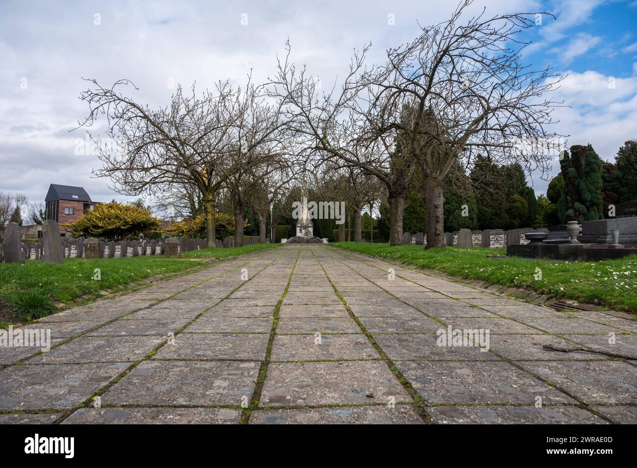 Evere, Region Brüssel-Hauptstadt, Belgien, 2. März 2024 - flacher Blick über den Wanderweg auf dem alten Friedhof Stockfoto