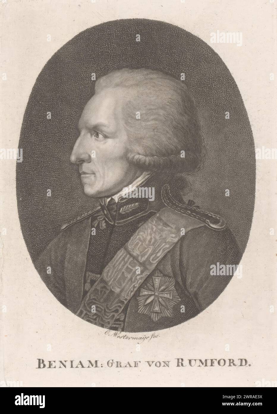 Porträt von Benjamin Thompson von Rumford, Druckerei: Konrad Westermayr, Deutschland, 1775 - 1834, Papier, Höhe 144 mm x Breite 102 mm, Druck Stockfoto