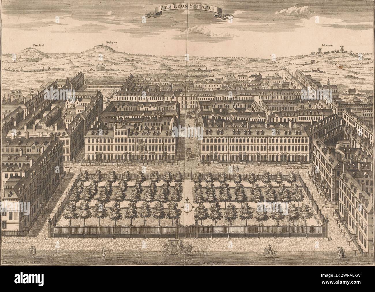 Ansicht des Red Lion Square in Holborn, Red Lyon Square (Titel auf Objekt), Ansichten von Gebäuden in London (Titel der Serie), London beschrieben; oder perspektivische Ansichten und Erhebungen von bekannten Gebäuden (Titel der Serie), Druckerei: Sutton Nicholls, nach Zeichnung von: Sutton Nicholls, John Bowles, London, 1720 - 1731, Papier, Ätzen, Gravieren, Höhe 434 mm x Breite 460 mm, Druck Stockfoto