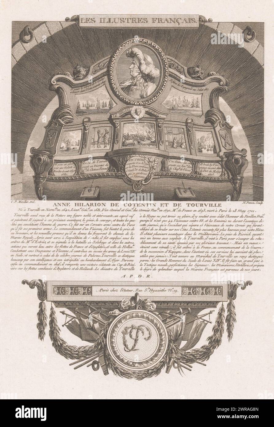 Allegorisches Porträt von Anne Hilarion de Tourville, Porträts französischer historischer Figuren (Titel der Serie), Les illustres francais, ou tableaux historiques des grands hommes de la France (Titel der Serie), Druckerei: Nicolas Ponce, nach Zeichnung von: Clément Pierre Marillier, Verlag: Nicolas Ponce, Verlag: Paris, Frankreich, 1790 - 1816, Papier, Ätzen, Gravieren, Höhe 336 mm x Breite 228 mm, Druck Stockfoto