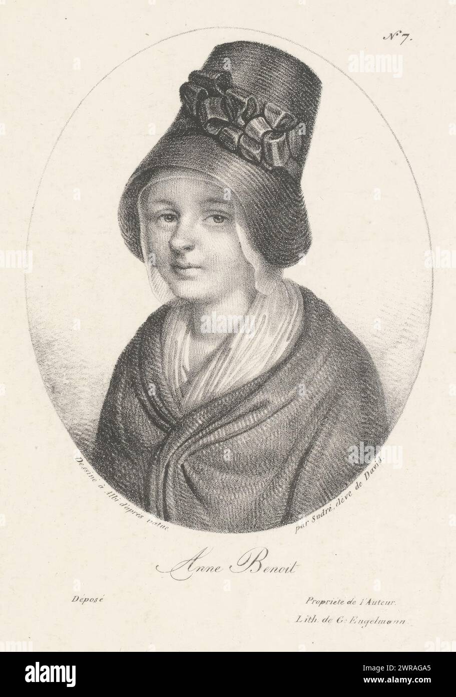 Porträt von Anne Benoit, Anne Benoit (Titel über Objekt), Hauptfiguren in der Fualdès-Affäre (Serientitel), Druckerei: Jean Pierre Sudre (1783-1866), nach eigenem Entwurf von Jean Pierre Sudre (1783-1866), Drucker: Gottfried Engelmann, Paris, 1818, Papier, Höhe 256 mm x Breite 177 mm, bedruckt Stockfoto