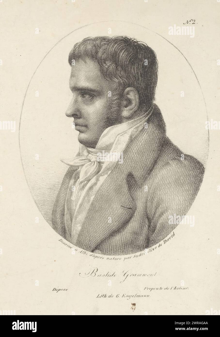 Porträt von Bernard-Charles Bastide Gramont, Bastide Grammont (Titel über Objekt), Hauptfiguren in der Fualdès-Affäre (Serientitel), Druckerei: Jean Pierre Sudre (1783-1866), nach eigenem Entwurf von Jean Pierre Sudre (1783-1866), Drucker: Gottfried Engelmann, Paris, 1818, Papier, Höhe 255 mm x Breite 180 mm, bedruckt Stockfoto