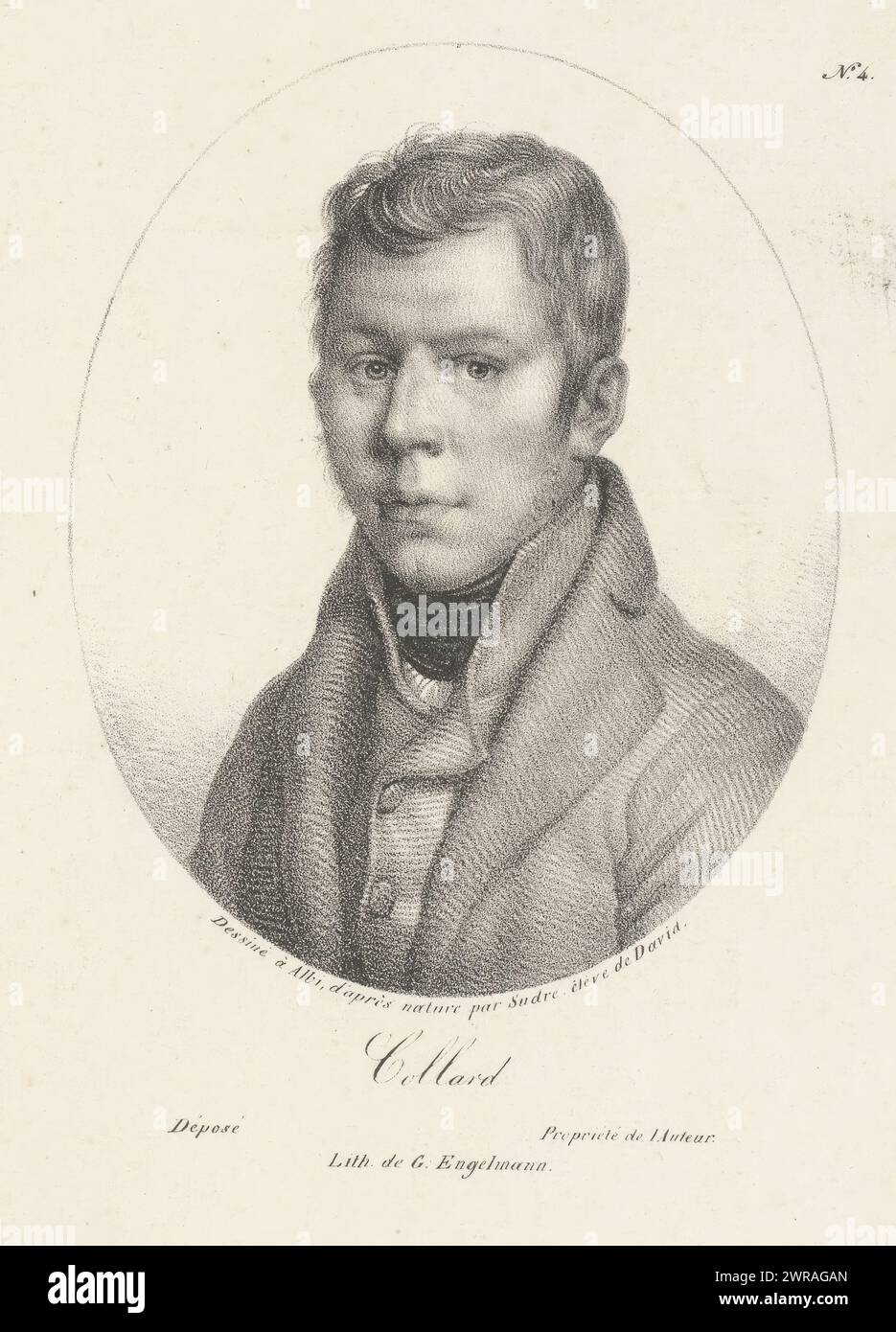 Porträt von Jean-Baptiste Collard, Collard (Titel auf Objekt), Hauptfiguren in der Fualdès-Affäre (Serientitel), Druckerei: Jean Pierre Sudre (1783-1866), nach eigenem Entwurf von Jean Pierre Sudre (1783-1866), Drucker: Gottfried Engelmann, Paris, 1818, Papier, Höhe 253 mm x Breite 180 mm, bedruckt Stockfoto