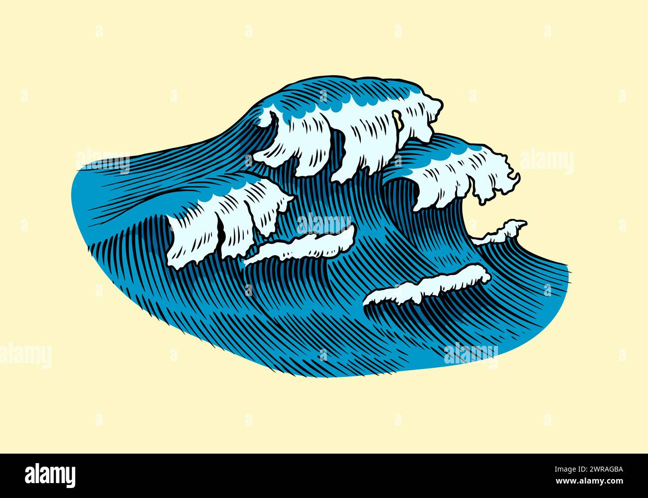 Atlantische Gezeitenwellen. Alte, handgezeichnete Etiketten mit Gravur. Marine und nautisch oder Meer, Ozean im japanischen Stil für Banner, Hintergrund oder Poster Stock Vektor
