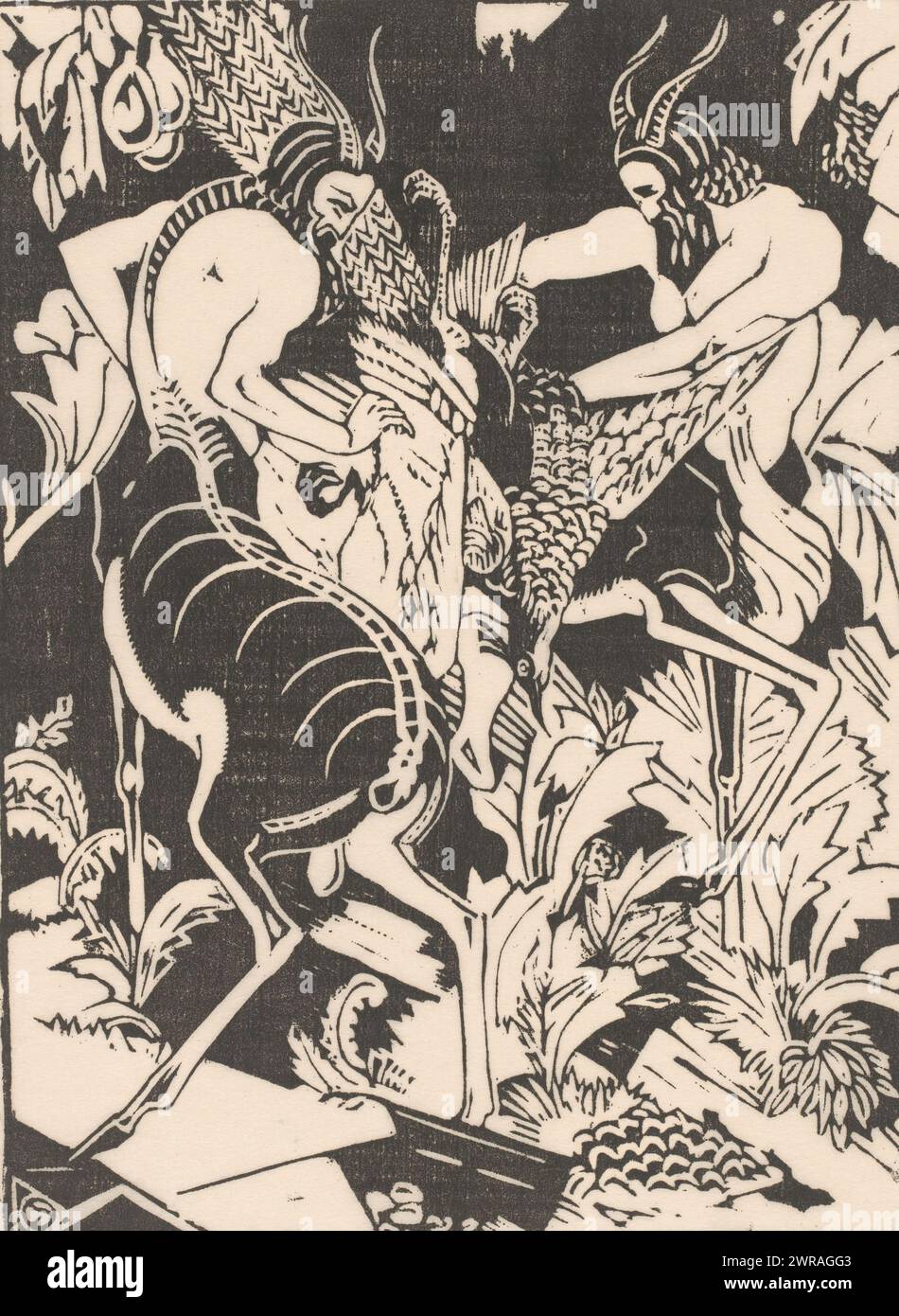 Die schöne Beute (Originaltitel auf Objekt), zwei Zentauren haben einen Pfau gefangen., Druckerei: Henri van der Stok, (signiert vom Künstler), Drucker: Henri van der Stok, (signiert vom Künstler), Niederlande, 1880 - 1920, Transparentpapier, Höhe 405 mm x Breite 282 mm, bedruckt Stockfoto