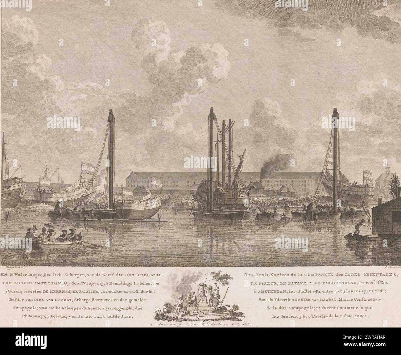 Start von drei VOC-Schiffen, Start von drei Schiffen von der Werft der East India Company in Amsterdam am 2. Juli 1783 (...) / Les trois navires de la Compagnie des Indes Orientales (...) (Titel zum Objekt), die drei Schiffe, de Meermin, de Batavier und Dogger Bank, werden gestartet., Druckerei: Cornelis Brouwer, nach Zeichnung von: Jurriaan Andriessen, Verlag: Pieter Yver, Amsterdam, 1783 - 1803, Papier, Ätzen, Gravieren, Höhe 352 mm x Breite 477 mm, Druck Stockfoto