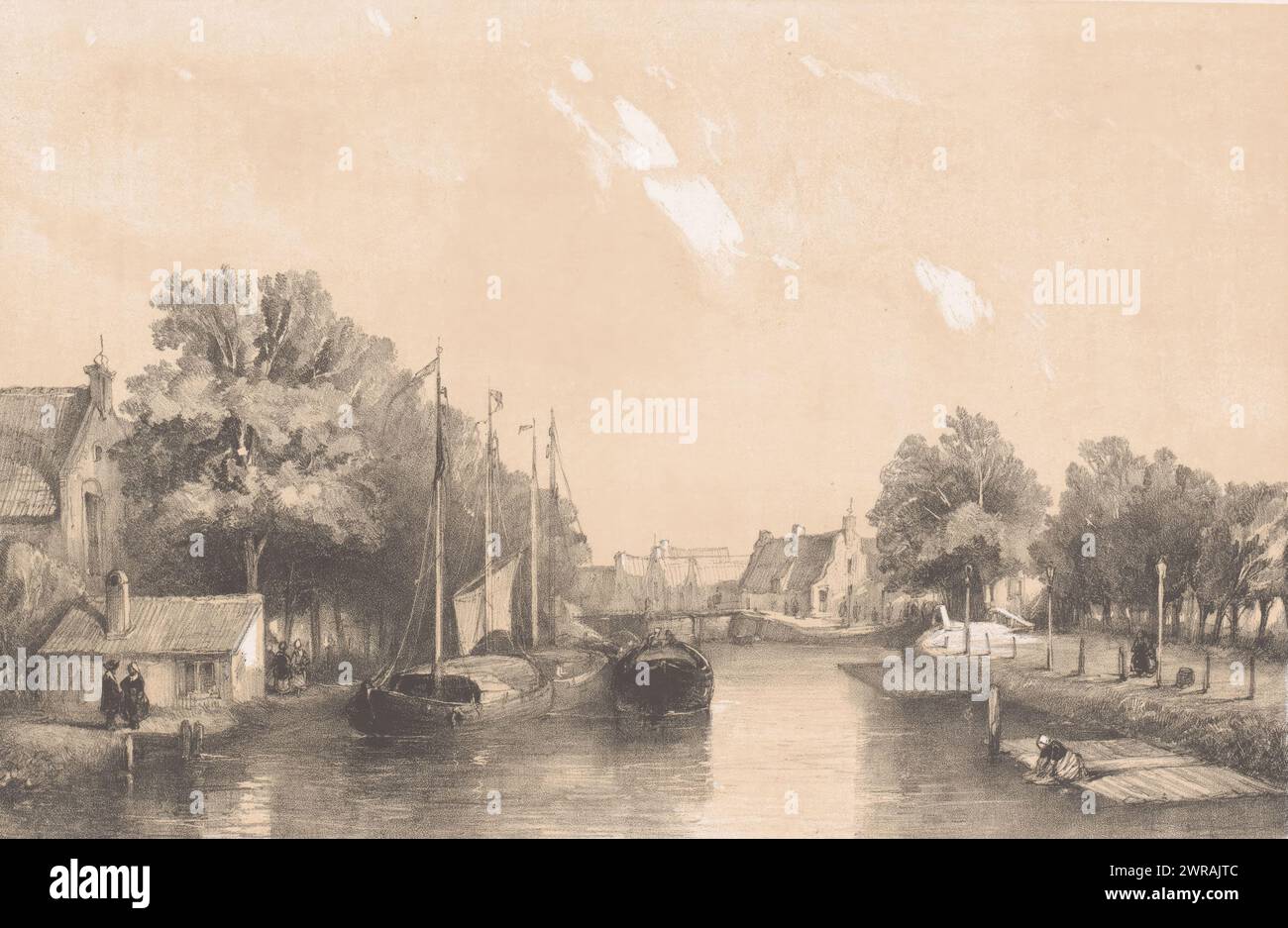 Boote auf einem Kanal, Segelboote liegen am Ufer eines Kanals in einem niederländischen Dorf., Druckerei: Charles Rochussen, nach Entwurf: Antonie Waldorp, Drucker: Nederlandsche Maatschappij van Schoone Kunsten, den Haag, 1842 - 1843, Papier, Höhe 276 mm x Breite 359 mm, Druck Stockfoto