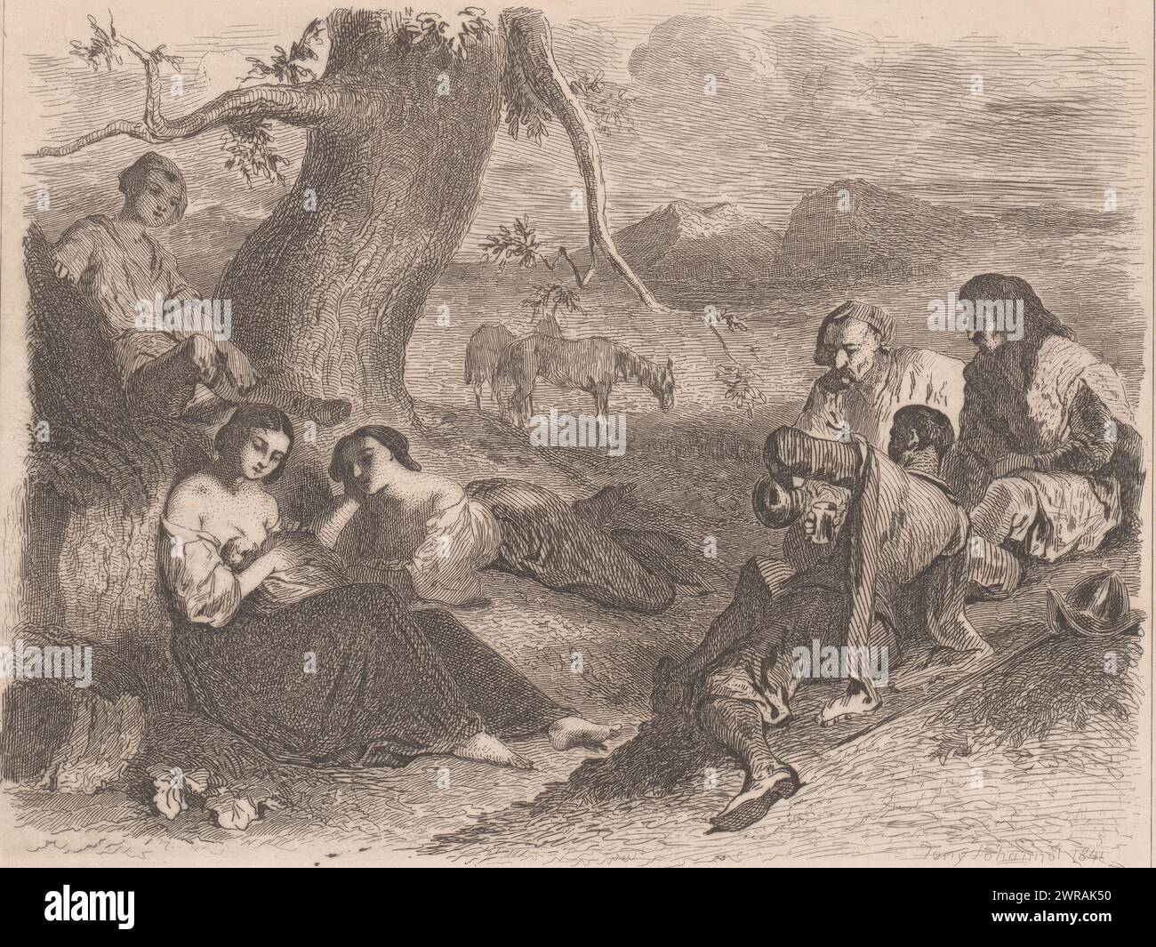 Rusting Figures in a Landscape, La Halte (Titel über Objekt), Druckerei: Tony Johannot, nach eigenem Entwurf von: Tony Johannot, Verlag: Augustin Challamel, Druckerei: Frankreich, Verlag: Paris, 1841 - 1852, Papier, Ätzen, Höhe 214 mm x Breite 286 mm, Druck Stockfoto