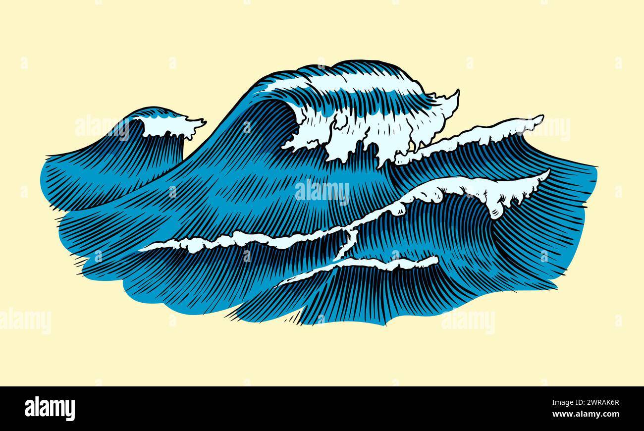 Atlantische Gezeitenwellen. Alte, handgezeichnete Etiketten mit Gravur. Marine und nautisch oder Meer, Ozean im japanischen Stil für Banner, Hintergrund oder Poster Stock Vektor