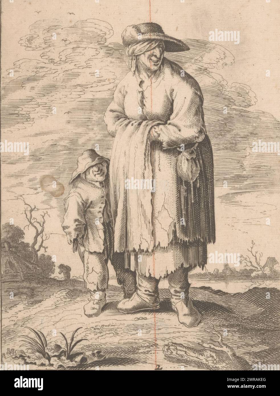 Bäuerin mit Kind, nummeriert unten Mitte: 2., Druckerei: Anonym, nach Druck von: Gerrit Lucasz van Schagen, nach Entwurf von: Adriaen Brouwer, (möglicherweise), Niederlande, 1600 - 1699, Papier, Ätzen, Gravieren, Höhe 165 mm x Breite 123 mm, Druck Stockfoto