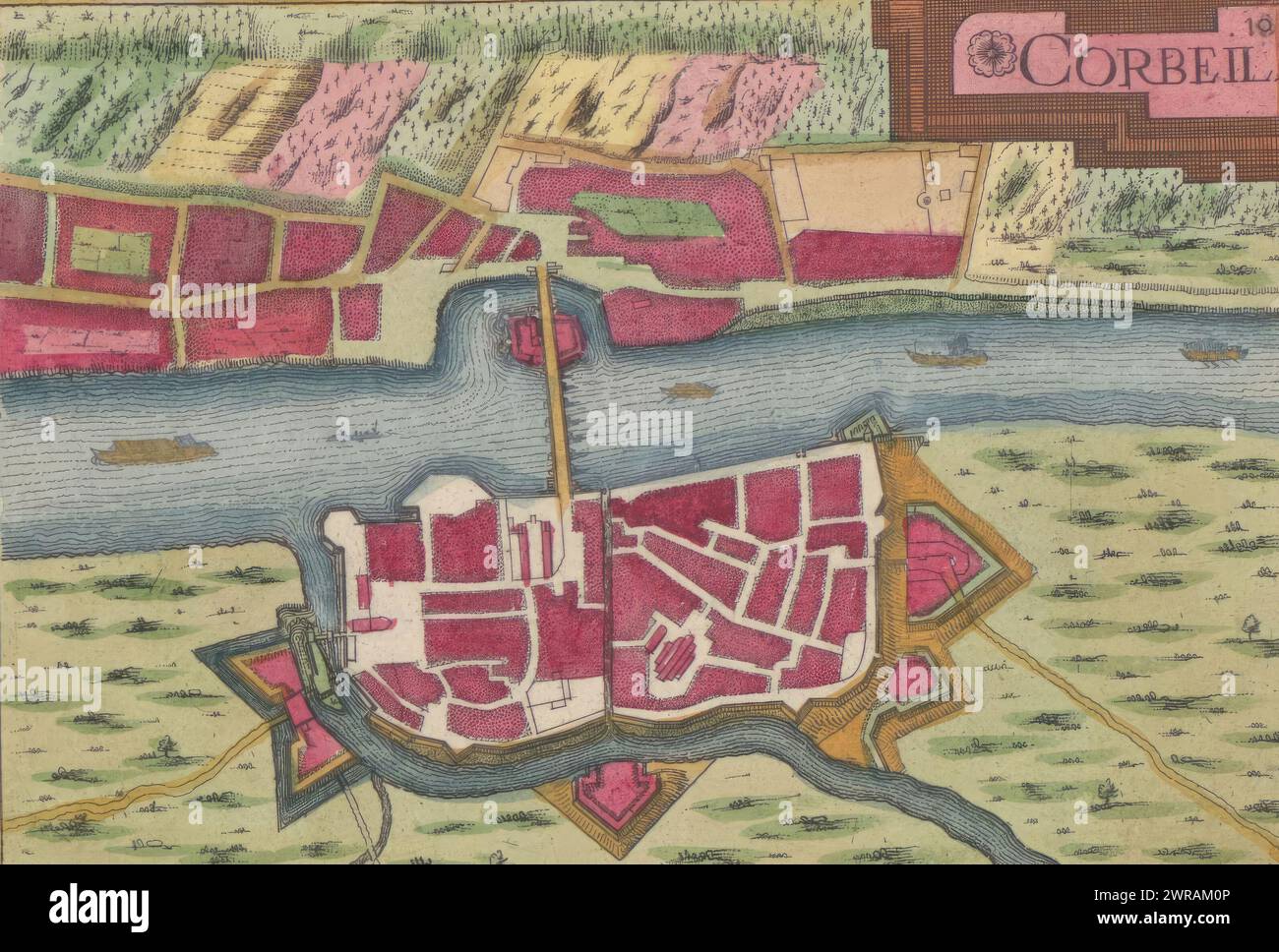 Karte der Stadt Corbeil, Corbeil (Titel auf Objekt), Karte der Stadt Corbeil an der seine. Print ist Teil eines Albums., Druckerei: Anonym, Christophe Tassin, Anna Beeck, den Haag, 1634, Papier, Ätzen, Höhe 105 mm x Breite 150 mm, Höhe 536 mm x Breite 333 mm, Druck Stockfoto