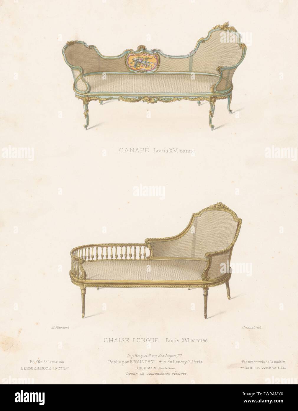 Canapé und Chaiselongue, Canapé Louis XV Canné / Chaise Longue Louis XVI Stil. Druck aus dem 299. Livraison., Druckerei: Chanat, Drucker: Becquet frères, Verlag: Eugène Maincent, Paris, 1885 - 1895, Papier, Höhe 358 mm x Breite 275 mm, Druck Stockfoto