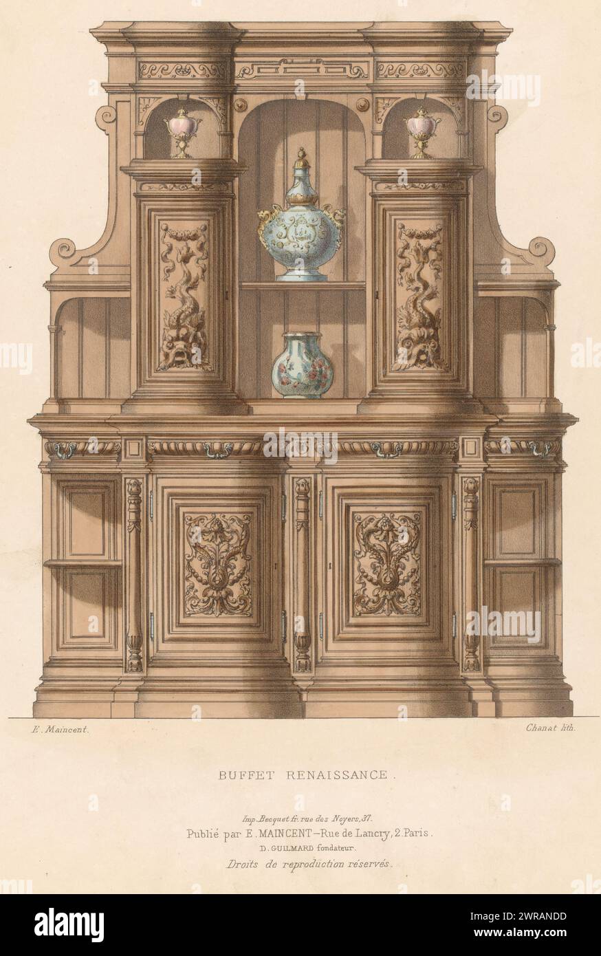 Sideboard, Buffet Renaissance (Titel auf Objekt), Le Garde-meuble / Collection de Meubles (Titel auf Objekt), Ein Renaissance Sideboard. Druck aus dem 283. Livraison., Druckerei: Chanat, Drucker: Becquet frères, Verlag: Eugène Maincent, Paris, 1885 - 1895, Papier, Höhe 357 mm x Breite 274 mm, Druck Stockfoto