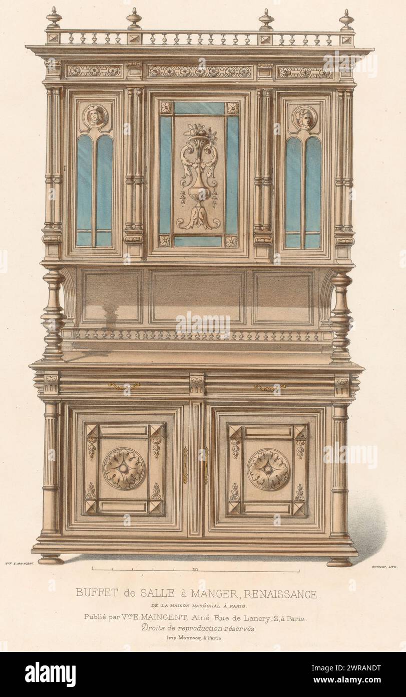 Sideboard, Buffet de salle à Manger, Renaissance (Titel auf Objekt), Le Garde-meuble / Collection de Meubles (Serie Titel auf Objekt), Ein Sideboard aus der Renaissance, das für einen Speisesaal bestimmt ist. Druck aus der 348. Ausgabe (Livraison)., Druckerei: Chanat, Drucker: Monrocq, Verlag: weduwe Eugène Maincent, Paris, 1895 - 1935, Papier, Höhe 359 mm x Breite 275 mm, Druck Stockfoto