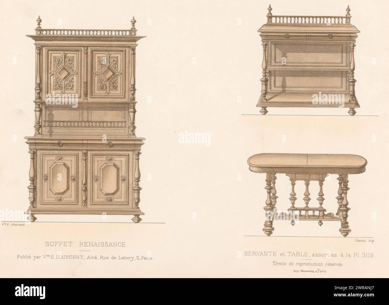 Sideboard, Schrank und Tisch, Buffet Renaissance / Servante et Table (Titel auf Objekt), L'ameublement / Collection Simple (Titel auf Objekt), Ein Renaissance Sideboard, offener Schrank und Tisch. Druck aus 293. Livraison., Druckerei: Chanat, Drucker: Monrocq, Verlag: weduwe Eugène Maincent, Paris, 1895, Papier, Höhe 275 mm x Breite 356 mm, Druck Stockfoto