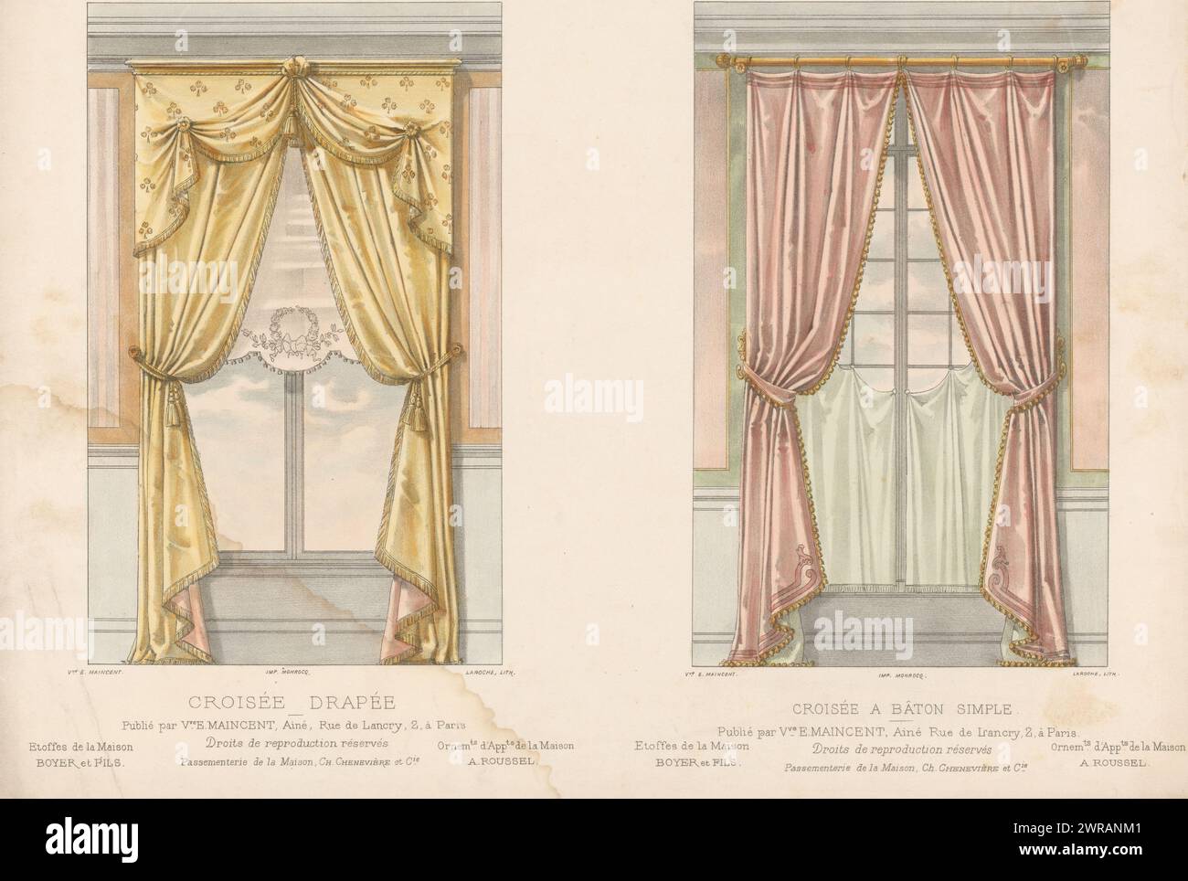 Zwei Fenster mit Vorhängen, Croisée drapée / Croisée a bâton simple (Titel auf Objekt), L'ameublement / Collection Simple (Serientitel), zwei Fenster mit Vorhängen. Druck aus dem 300. Livraison., Druckerei: Léon Laroche, Drucker: Monrocq, Verlag: weduwe Eugène Maincent, Paris, 1895, Papier, Höhe 272 mm x Breite 358 mm, Druck Stockfoto