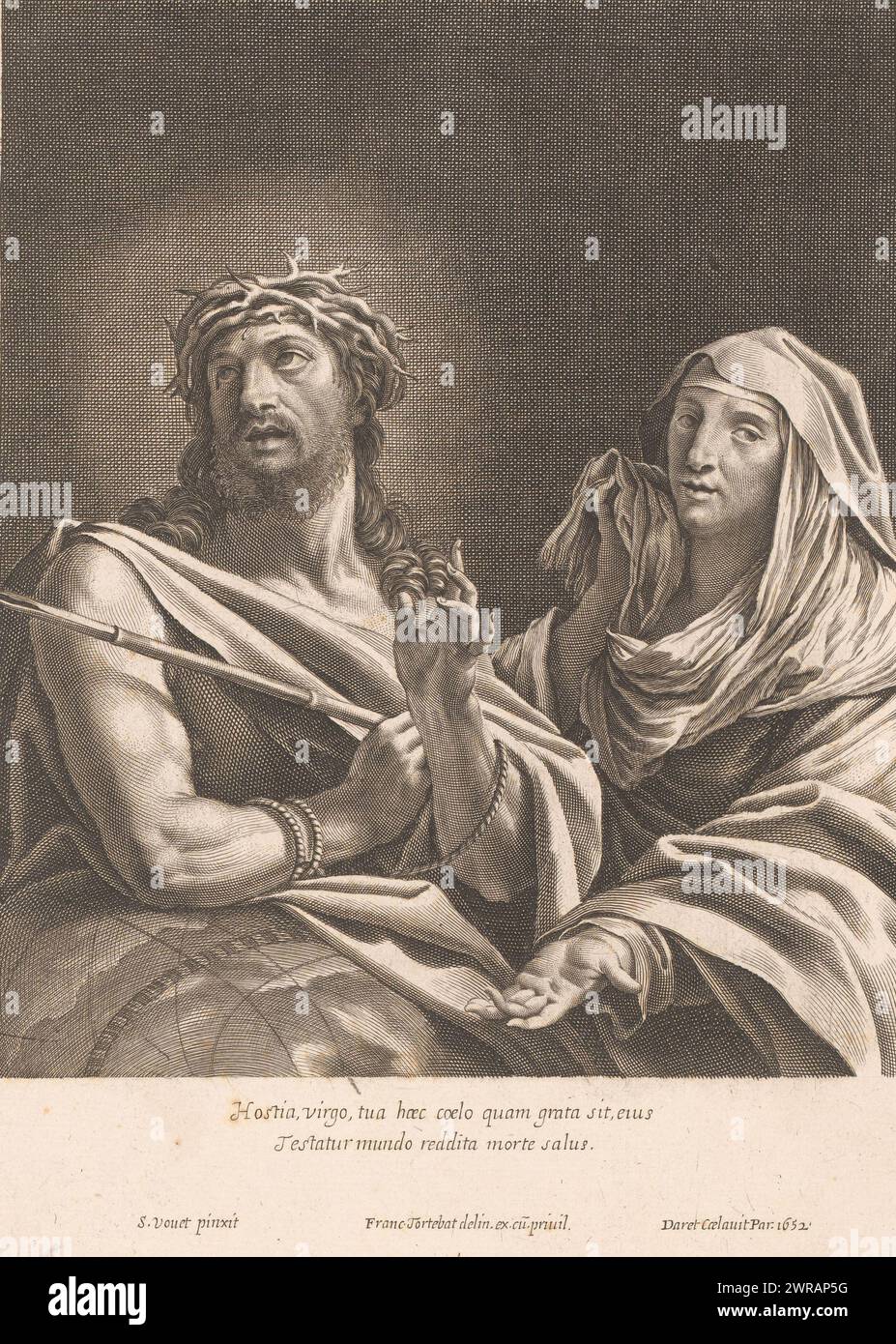 Christus als Schmerzensmann und Maria als Mater Dolorosa, Druckerei: Pierre Daret, nach Malerei von: Simon Vouet, nach Zeichnung von: Francois Tortebat, Druckerei: Paris, nach Malerei von: Frankreich, nach Zeichnung von: Paris, Verlag: Paris, Frankreich, 1652, Papier, Gravur, Höhe 282 mm x Breite 209 mm, bedruckt Stockfoto