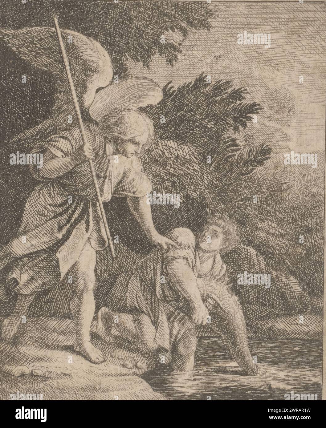 Tobias und der Fisch, Druckerei: Claude Duvivier, (möglicherweise), 1600 - 1749, Papier, Ätzen, Höhe 201 mm x Breite 157 mm, bedruckt Stockfoto