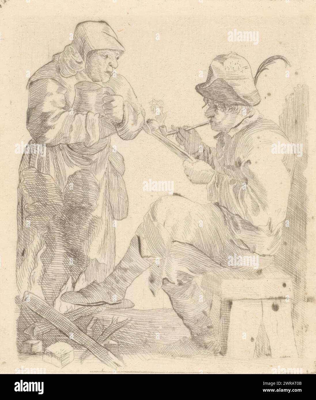 Frau mit Kannen- und Pfeifenrauchbauer, Druckerei: Anonym, ca. 1750 - 1899, Papier, Ätzen, Höhe 111 mm x Breite 96 mm, Druck Stockfoto