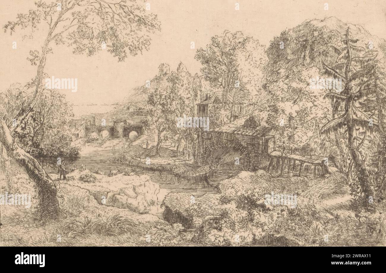 Landschaft mit Pumpstation zwischen Bäumen, Druckerei: Christian Ludwig von Hagedorn, 1722 - 1780, Papier, Ätzen, Höhe 116 mm x Breite 178 mm, Druck Stockfoto
