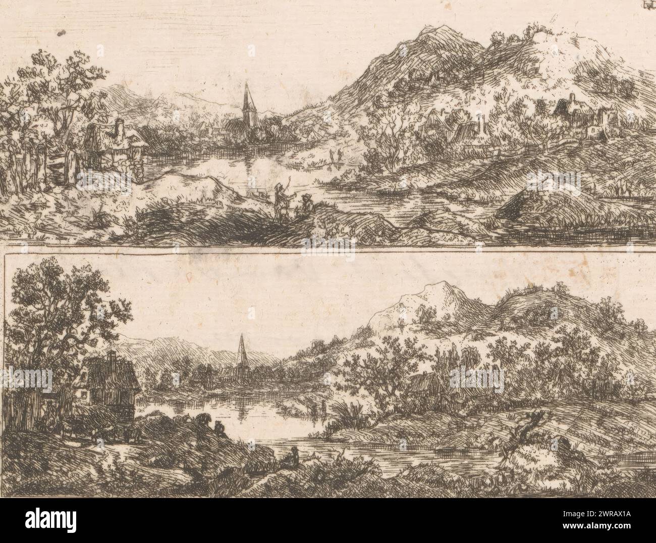 Zwei Landschaften mit Turm, Druckerei: Christian Ludwig von Hagedorn, 1722 - 1780, Papier, Ätzung, Höhe 101 mm x Breite 135 mm, Druck Stockfoto