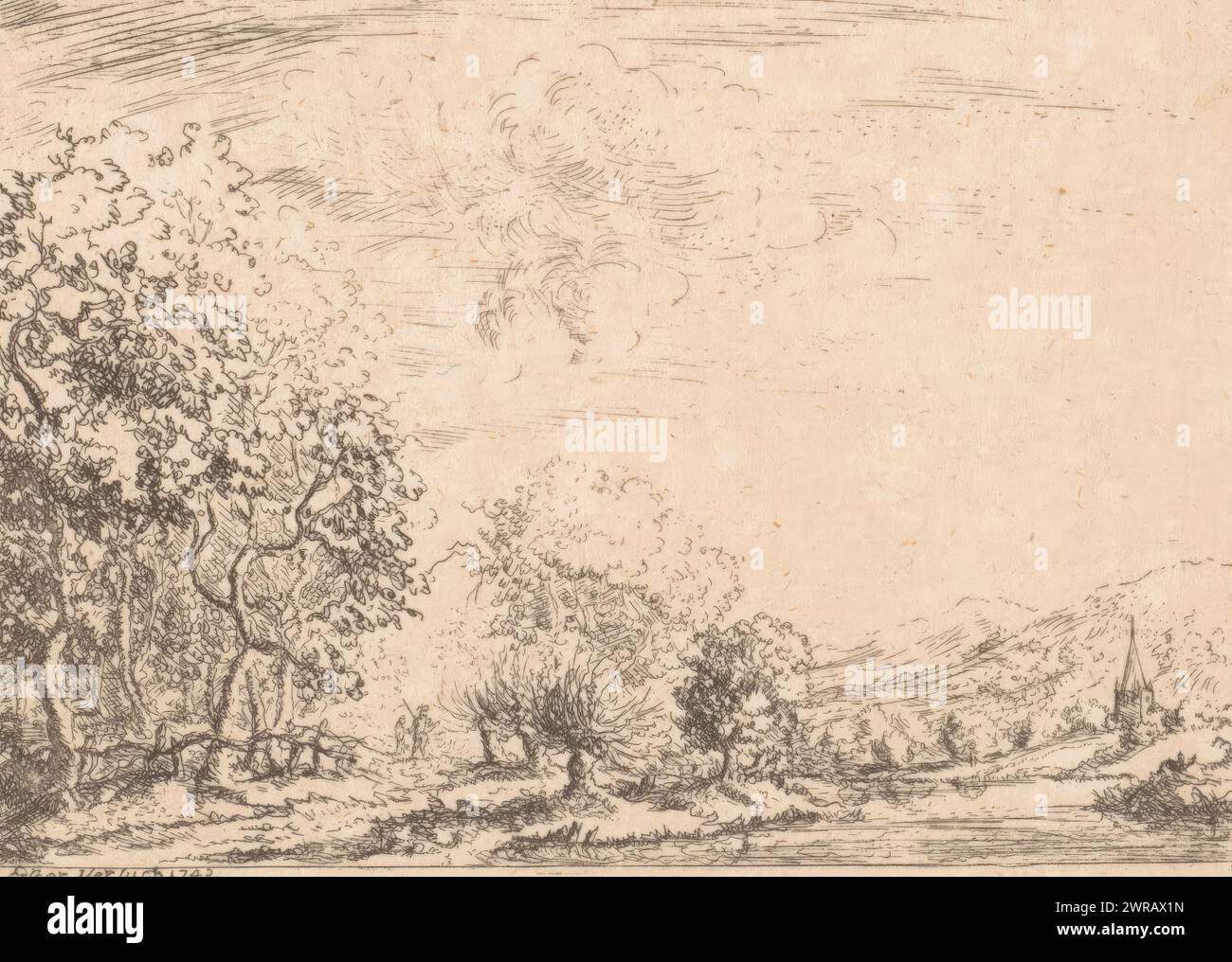 Landschaft mit Turm, Druckerei: Christian Ludwig von Hagedorn, 1743, Papier, Ätzung, Höhe 87 mm x Breite 123 mm, Druck Stockfoto