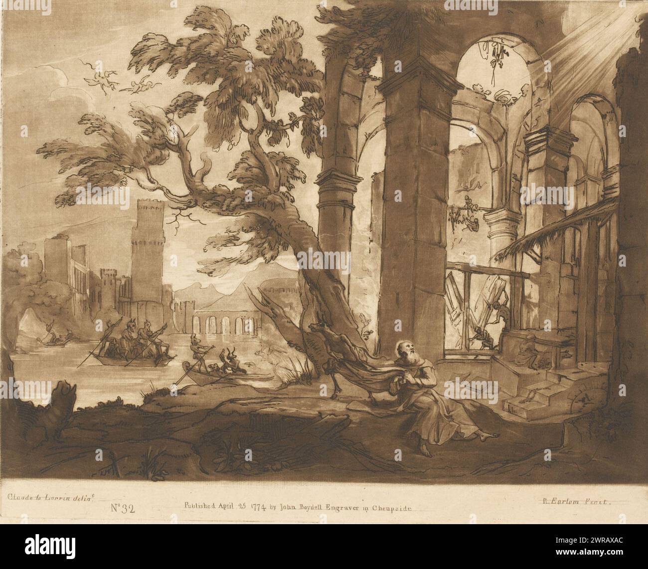 Landschaft mit der Versuchung des Heiligen Antonius in der Nähe einer Ruine, Drucke nach Zeichnungen von Claude Lorrain (Serientitel), Liber Veritatis. Oder eine Sammlung von zweihundert Drucken, nach den Originalentwürfen von Claude le Lorrain (...) (Titel der Serie), Druckerei: Richard Earlom, nach Zeichnung von: Claude Lorrain, Verlag: John Boydell, London, 25. April 1774, Papier, Ätzen, Höhe 207 mm x Breite 258 mm, bedruckt Stockfoto