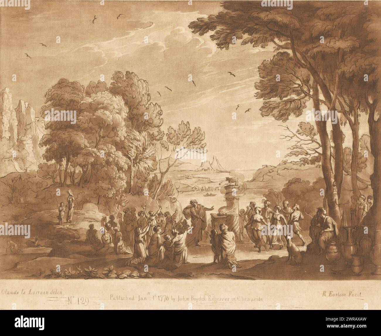 Landschaft mit Anbetung des Goldenen Kalbes, Drucke nach Zeichnungen von Claude Lorrain (Serientitel), Liber Veritatis. Oder eine Sammlung von zweihundert Drucken, nach den Originalentwürfen von Claude le Lorrain (...) (Titel der Serie), links Moses Breaks the Tables of the Law., Druckerei: Richard Earlom, nach Zeichnung von: Claude Lorrain, Verlag: John Boydell, London, 1. Januar 1776, Papier, Ätzen, Höhe 208 mm x Breite 258 mm, bedruckt Stockfoto