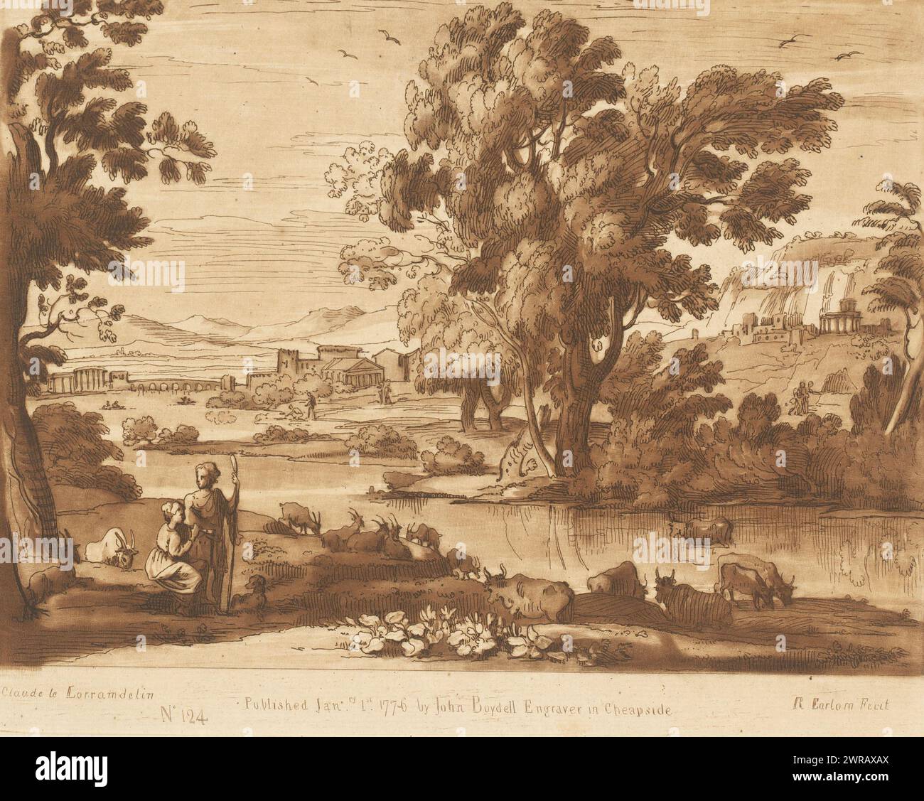 Landschaft mit Hirtenpaar und Vieh am Ufer, Drucke nach Zeichnungen von Claude Lorrain (Serientitel), Liber Veritatis. Oder eine Sammlung von zweihundert Drucken, nach den Originalentwürfen von Claude le Lorrain (...) (Titel der Serie), Druckerei: Richard Earlom, nach Zeichnung von: Claude Lorrain, Herausgeber: John Boydell, London, 1. Januar 1776, Papier, Ätzen, Höhe 206 mm x Breite 256 mm, bedruckt Stockfoto