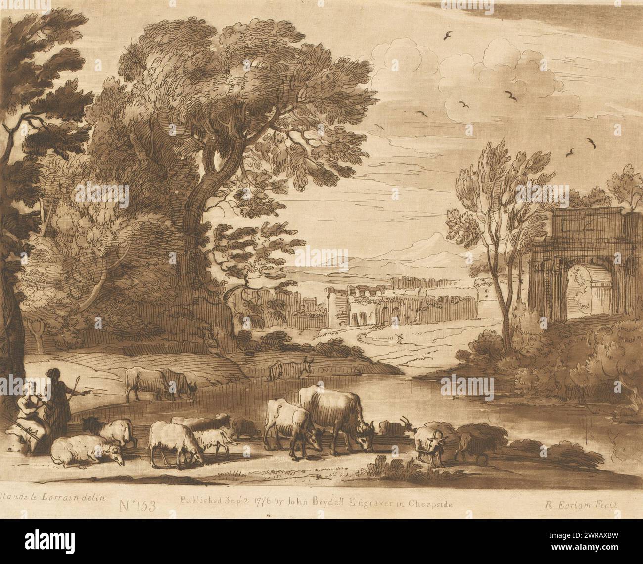 Landschaft mit Ochsenweiden auf einem Ufer und Titusbogen, Drucke nach Zeichnungen von Claude Lorrain (Serientitel), Liber Veritatis. Oder eine Sammlung von zweihundert Drucken, nach den Originalentwürfen von Claude le Lorrain (...) (Titel der Serie), Druckerei: Richard Earlom, nach Zeichnung von: Claude Lorrain, Verlag: John Boydell, London, 2. September 1776, Papier, Ätzen, Höhe 207 mm x Breite 260 mm, bedruckt Stockfoto