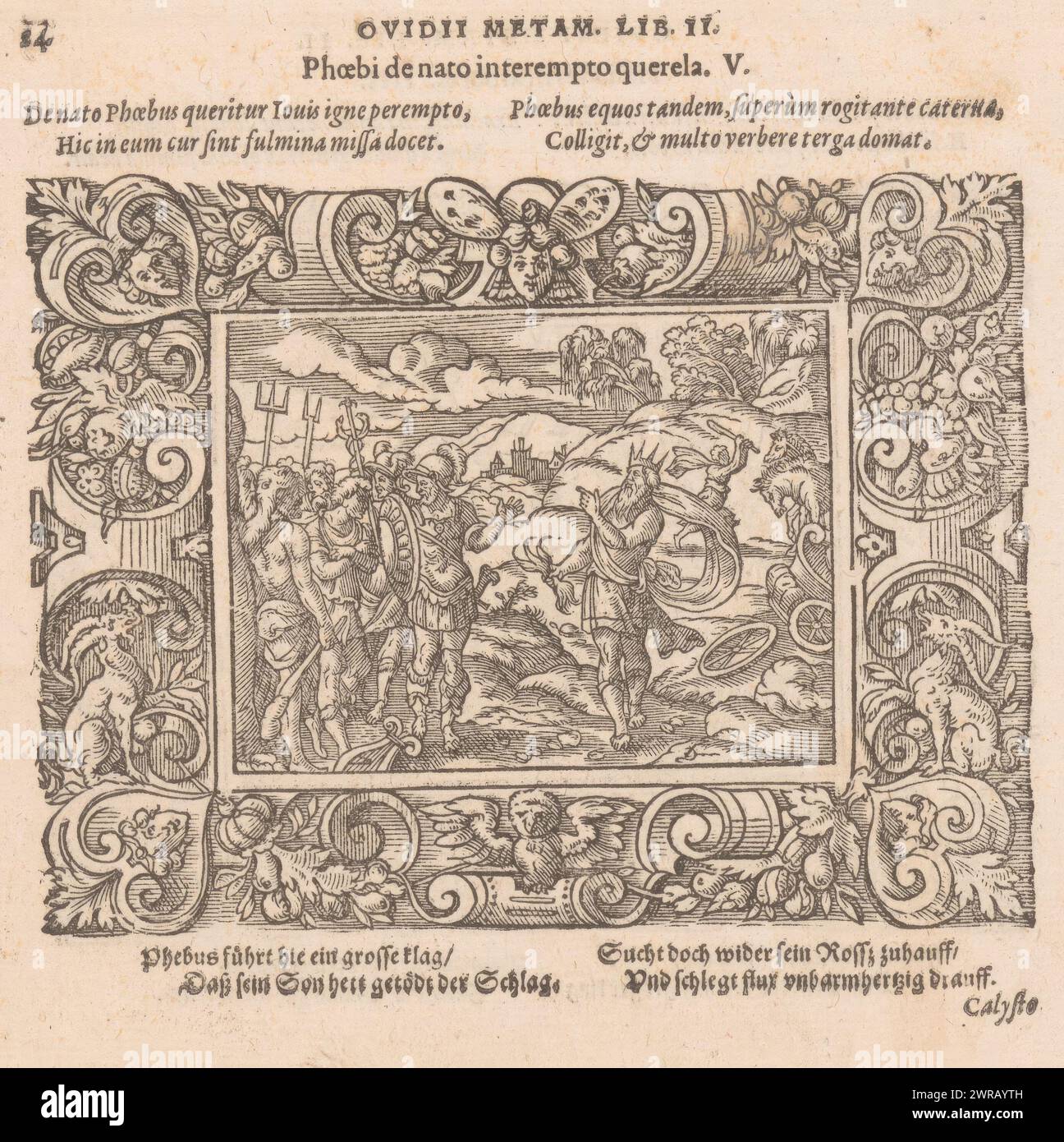 Götter bitten den Sonnengott, wieder in seinem Wagen zu reiten, Phoebi de nato interempto querela (Titel auf Objekt), Druckerei: Virgilius Solis, Monogrammist H (16e eeuw), (möglicherweise), Verlag: Georg Rab, Druckerei: Neurenberg, Verlag: Frankfurt am Main, Verlag: Frankfurt am Main, Verlag: Verlag: Frankfurt am Main, 1569, Papier, Buchdruck, Höhe 60 mm x Breite 80 mm x Höhe 100 mm x Breite 132 mm, Höhe 150 mm x Breite 183 mm, bedruckt Stockfoto