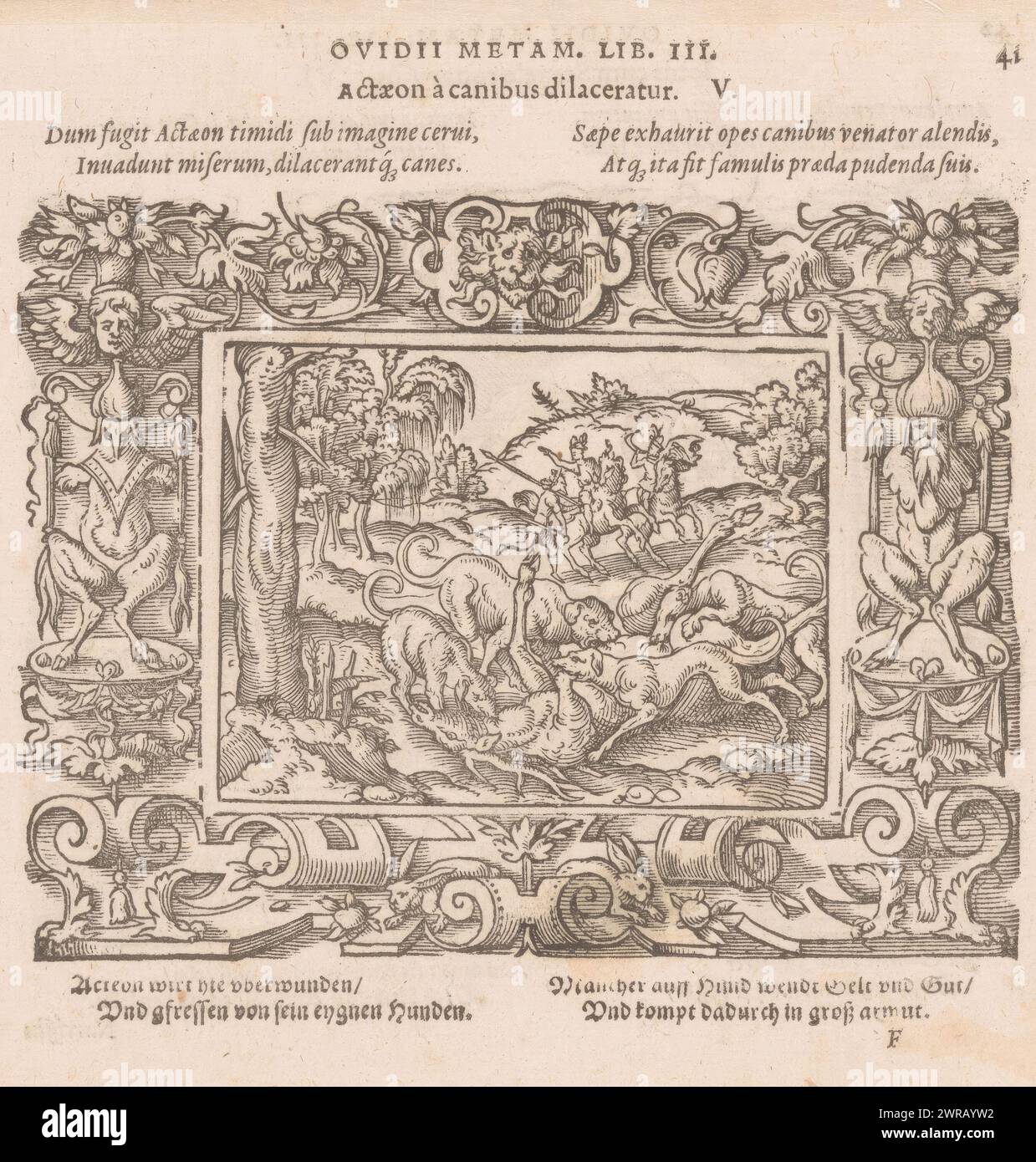 Actaeon wurde von seinen Hunden gerissen, Actaeon à canibus dilaceratur (Titel über Objekt), Actaeon wurde von der Göttin Diana in einen Hirsch verwandelt, danach wurde er von seinen eigenen Jagdhunden gefressen., Druckerei: Virgilius Solis, Verlag: Georg Rab, Verlag: Sigmund Feyerabend, Druckerei: Neurenberg, Verlag: Frankfurt am Main, Verlag: Frankfurt am Main, Verlag: Frankfurt am Main, 1569, Papier, Buchdruck, Höhe 80 mm x Breite 60 mm, Höhe 150 mm x Breite 183 mm, Druck Stockfoto