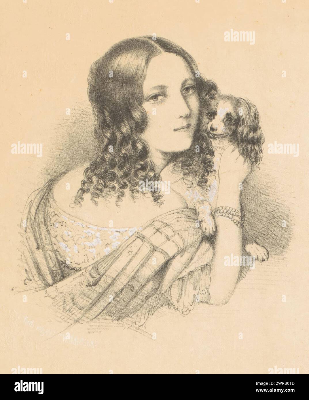 Porträt einer jungen Frau mit Hund, die Frau schaut über die Schulter und hält den Hund nahe ihrem Gesicht., Druckerei: Johannes Christiaan d'Arnaud Gerkens, (zugeschrieben), 1833 - 1892, Papier, Höhe 260 mm x Breite 210 mm, Druck Stockfoto