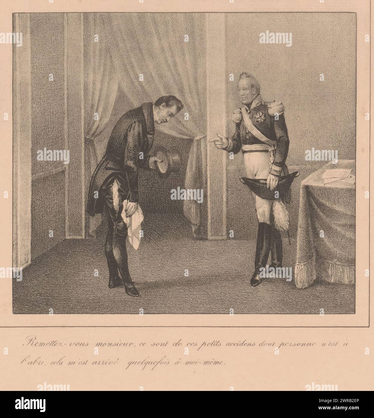 König Wilhelm I. versichert einem Mann mit zerrissener Hose, 19me rencontre (Titel über Objekt), Treffen mit König Wilhelm I., 1829-1830 (Titel der Serie), Les rencontres (Titel der Serie), mit zweizeiliger Beschriftung., Druckerei: Jean-Louis Van Hemelryck, (möglicherweise), Drucker: Jean Baptiste Ambroise Marcellin Jobard, Brüssel, ca. 1829 - ca. 1830, Papier, Höhe 237 mm x Breite 308 mm, Druck Stockfoto