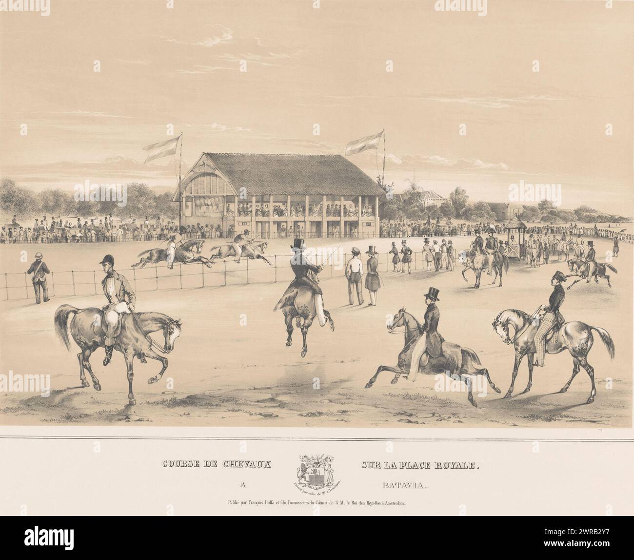 Blick auf die Rennbahn am Koningplein in Batavia, Course de chevaux sur la Place Royale. Ein Batavia (Titel auf Objekt), Zuschauer beobachten Pferderennen auf der Rennbahn am Koningsplein in Batavia. Im Vordergrund Reiter zu Pferd., Druckerei: Willem Jan Gordon, (evtl.), Verlag: Frans Buffa en Zonen, Amsterdam, in oder nach 1836 - 1842, Papier, Höhe 528 mm x Breite 710 mm, Druck Stockfoto