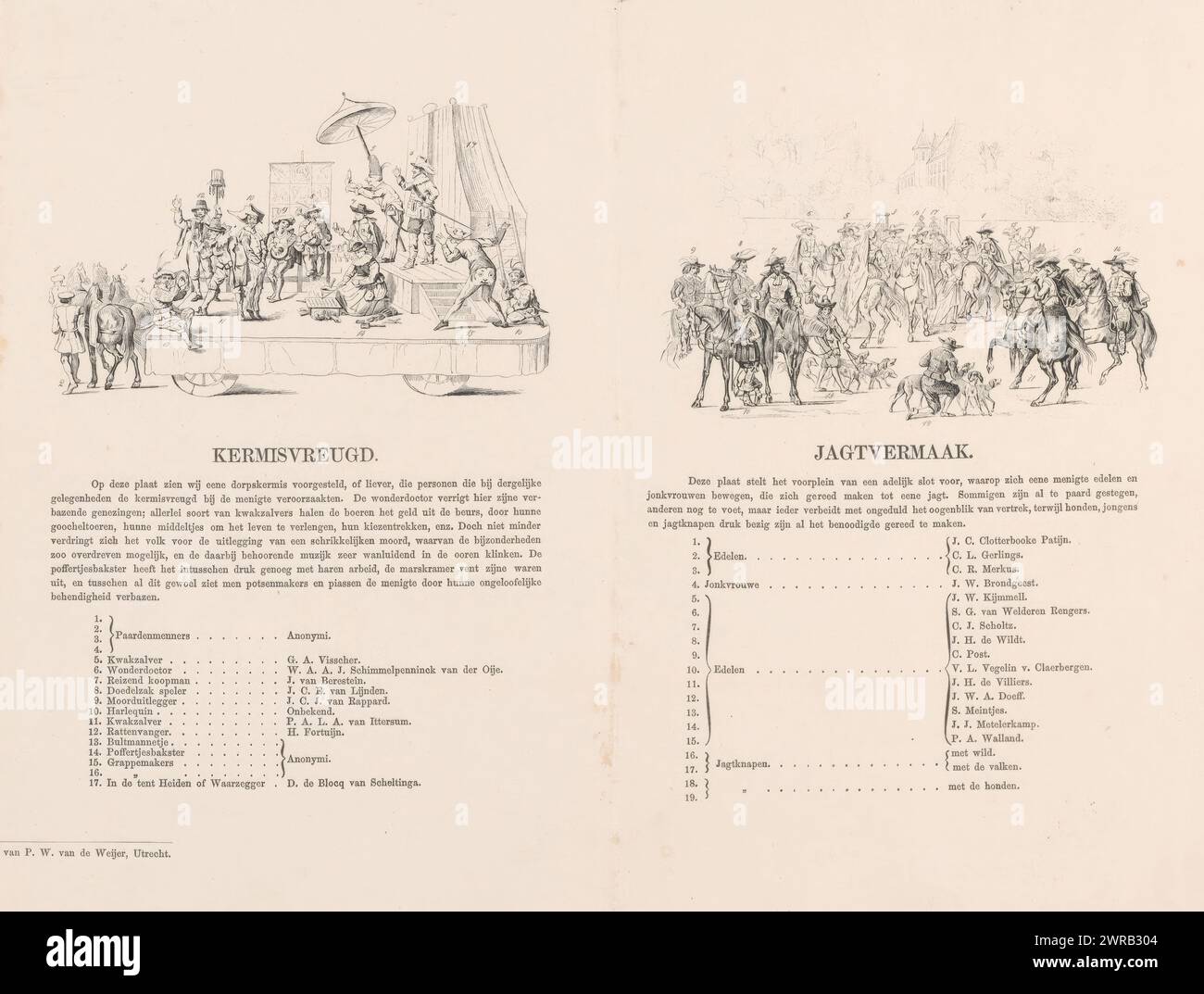 Erklärung und Legende zum sechsten und siebten Druck der Utrecht-Maskerade 1856, Kermisvreugd / Jagtvermaak (Titel auf Objekt), unser Vaterland um die Mitte des 17. Jahrhunderts, präsentiert von Studenten von H. H., Mitgliedern des Mutua Fides, anlässlich des 220. Jahrestages der Utrechtschen Hoogeschool, 25. Juni, 1856 (Titel der Serie), Blatt mit einer Erklärung und Legende für den sechsten und siebten Druck einer Gruppe von sieben Drucken mit einer Erklärung der historischen Maskerade, die von Studenten des Vereins Mutua Fides der Hochschule Utrecht durchgeführt wurde Stockfoto