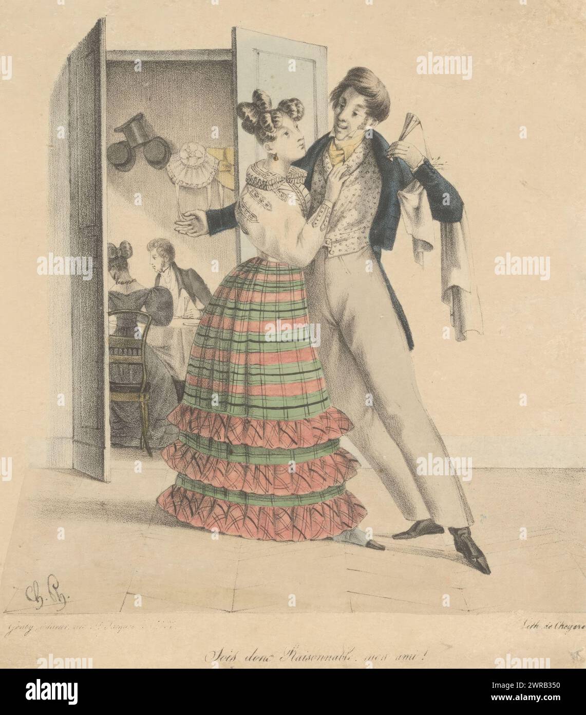 Mann flirtet mit Frau, Sois Donc raisonnable, MON ami! (Titel auf Objekt), Love Affairs (Serientitel), Souvenir d'amourette (Serientitel), Druckerei: Charles Philipon, Drucker: Alexandre Cheyère, Verlag: Louis Francois Genty, Paris, 1821 - 1828, Papier, Höhe 200 mm x Breite 201 mm, Druck Stockfoto