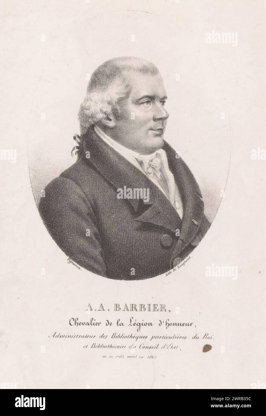 Porträt von Antoine-Alexandre Barbier, A. A. Barber (Titel über Objekt), Druckerei: Pierre roch Vigneron, Drucker: Pierre Langlumé, Paris, 1820 - 1830, Papier, Höhe 215 mm x Breite 164 mm, bedruckt Stockfoto