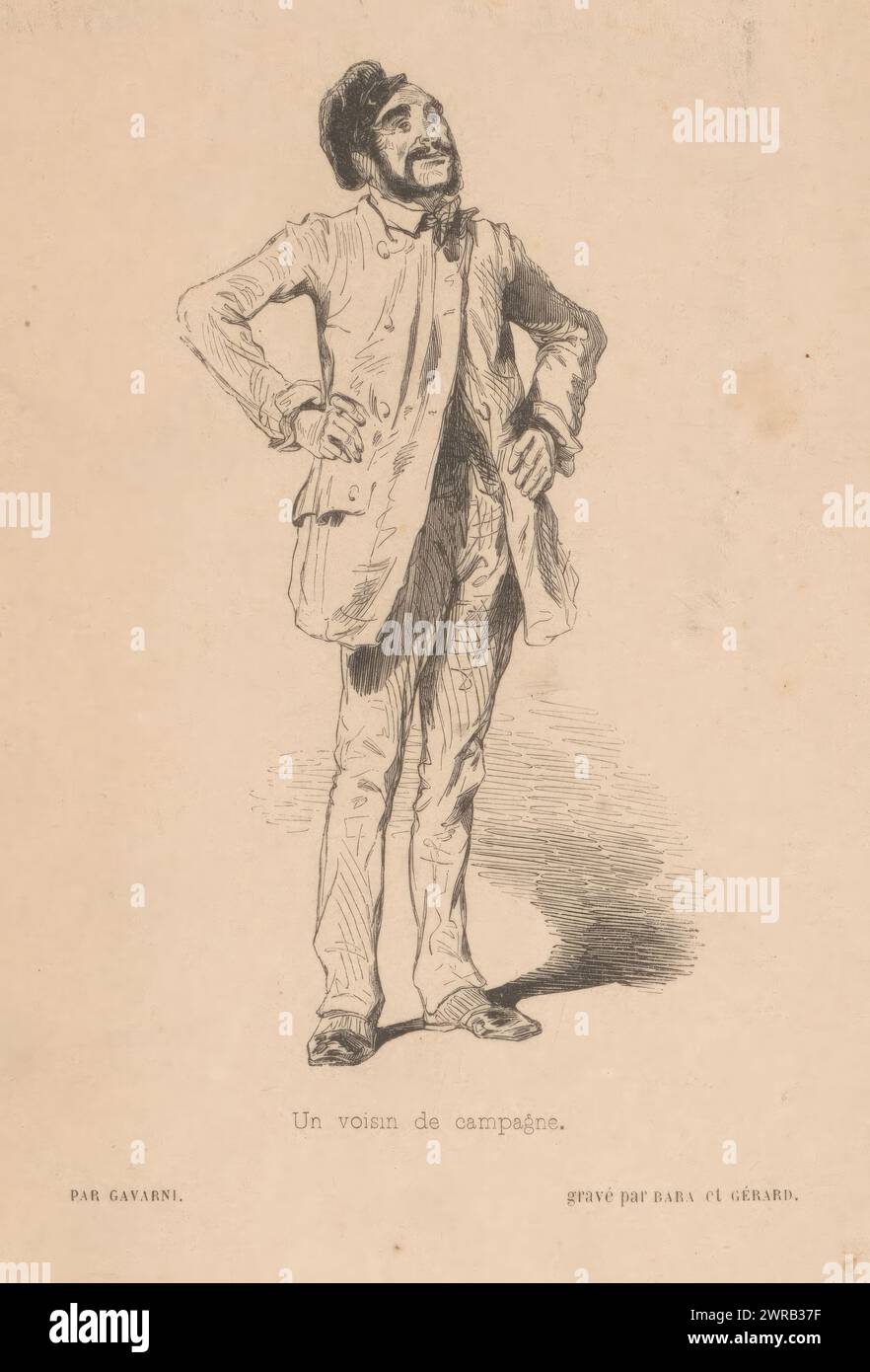 Landsmann, UN voisin de Campaign (Titel über Objekt), französische Typen mit eigenen Augen gesehen (Titel der Serie), Les Francais peints par eux-mêmes (Titel der Serie), Druckerei: Paul Gavarni, Druckerei: Joseph Bara, Druckerei: Gérard, Paris, 1840 - 1842, Papier, Höhe 201 mm x Breite 138 mm, bedruckt Stockfoto