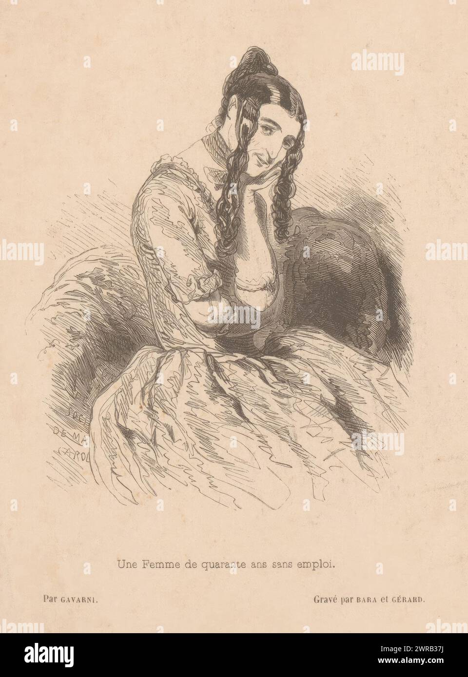 40-jährige arbeitslose Frau, Une Femme de quarante ans sans emploi (Titel über Objekt), französische Typen, die durch ihre eigenen Augen gesehen werden (Titel der Serie), Les Francais peints par eux-mêmes (Titel der Serie), Druckerei: Paul Gavarni, Druckerei: Joseph Bara, Druckerei: Gérard, Paris, 1840 - 1842, Papier, Höhe 198 mm x Breite 135 mm, bedruckt Stockfoto