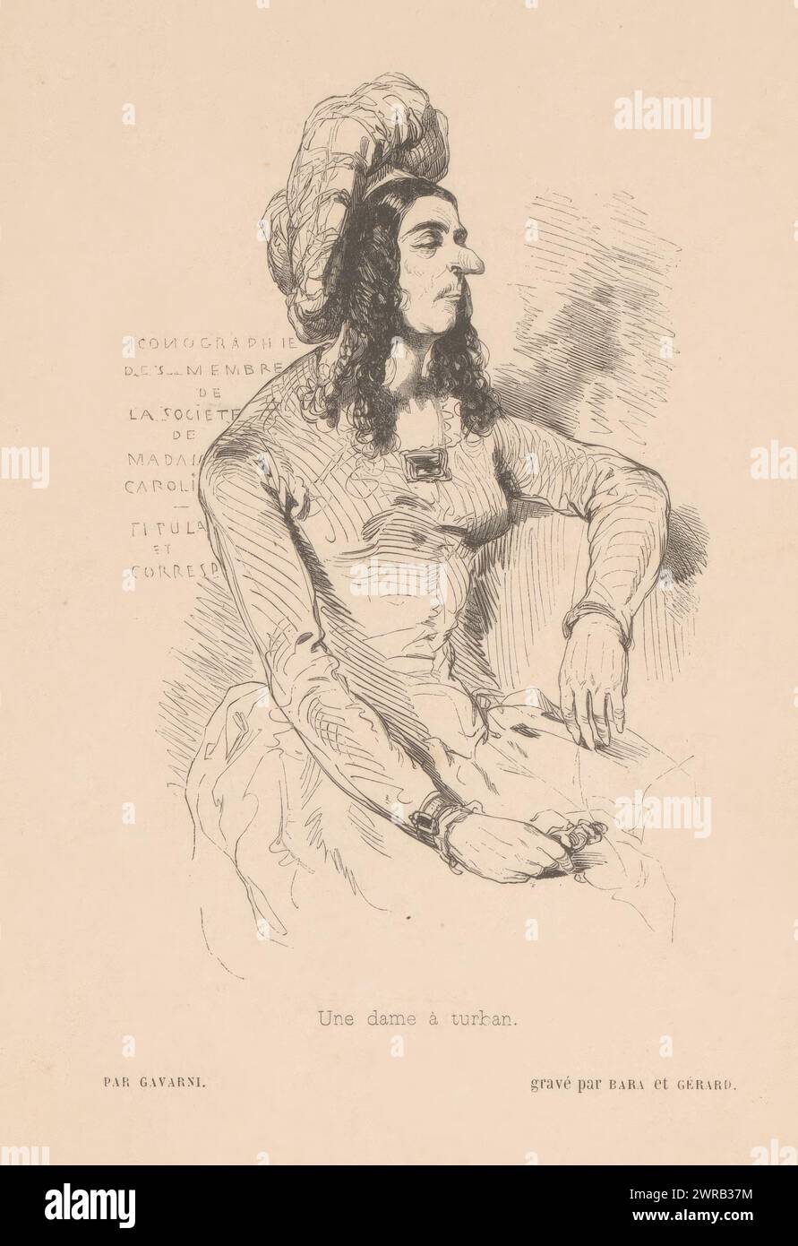 Sitzende Dame mit Turban, Une dame à Turban (Titel auf Objekt), französische Typen, die durch ihre eigenen Augen gesehen werden (Titel der Serie), Les Francais peints par eux-mêmes (Titel der Serie), Druckerei: Paul Gavarni, Druckerei: Joseph Bara, Druckerei: Gérard, Paris, 1840 - 1842, Papier, Höhe 202 mm x Breite 136 mm, bedruckt Stockfoto