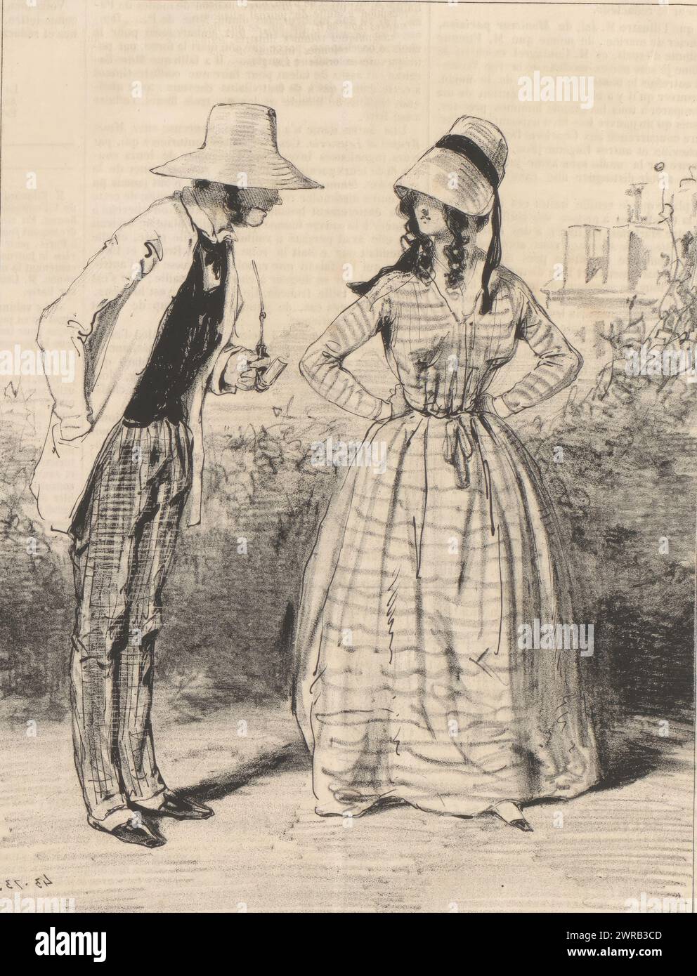 Frau mit ihrem Pfeifenrauchenden Ehemann im Garten, Fortuné, MON Dieu! qu'EST-ce que tu Dämpfe donc là (...) (Titel über Objekt), Impressions of Marriage (Serientitel), Impressions de ménage (Serientitel über Objekt), die Frau denkt, dass der Tabak ihres Mannes stinkt., Druckerei: Paul Gavarni, Drucker: Aubert & Cie., Verlag: Pannier & Cie., Paris, 1843, Papier, Höhe 363 mm x Breite 236 mm, Druck Stockfoto