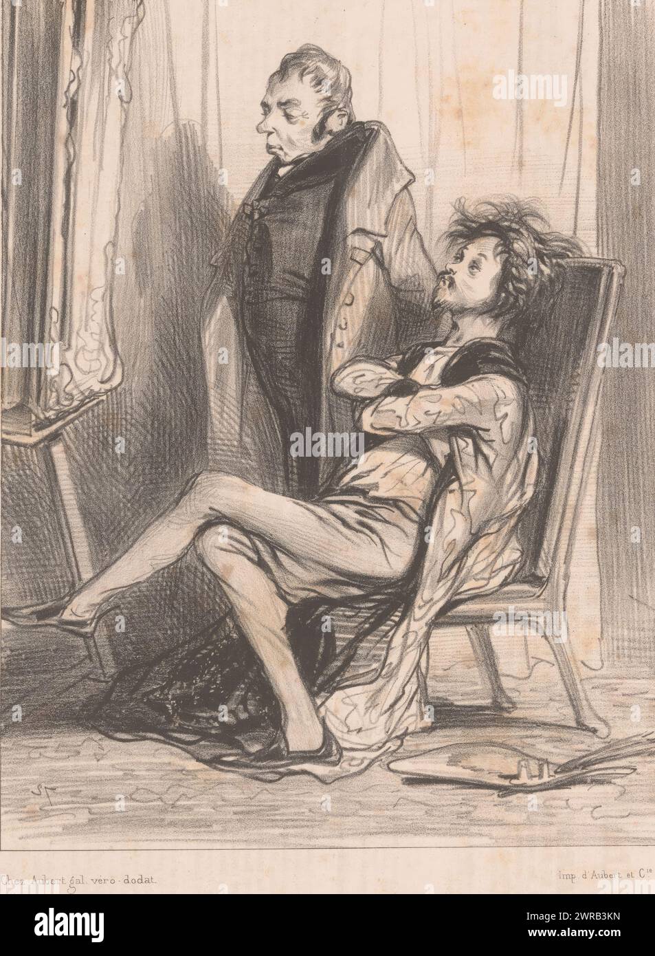 Künstler und Model schauen sich ein Porträt auf der Staffelei an, sehen wir uns den Moment genauer an, komm schon! (Titel auf Objekt), Künstler (Titel der Serie), Les Artistes (Titel auf Objekt), Druckerei: Paul Gavarni, Drucker: Aubert & Cie., Verlag: Aubert & Cie., Paris, 1838, Papier, Höhe 359 mm x Breite 243 mm, Druck Stockfoto