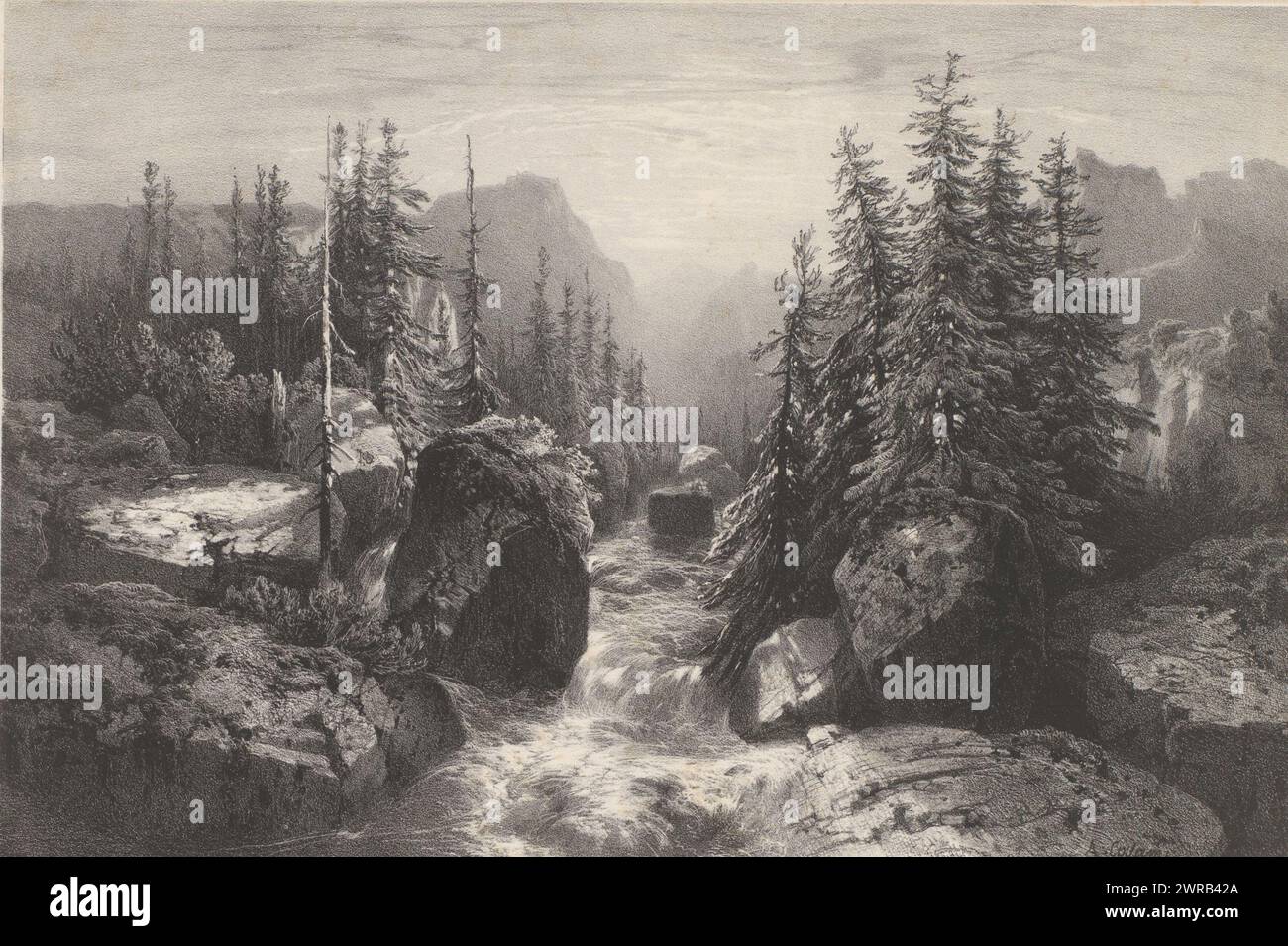 Stream des Reichenbachs an der Scheidegg, Landschaften von A. Calame (Serientitel), oeuvres de A. Calame (Serientitel über Objekt), Druckerei: Alexandre Calame, Drucker: Jacomme & Cie., Verlag: F. Delarue, Paris, 1852 - 1855, Papier, Höhe 389 mm x Breite 559 mm, bedruckt Stockfoto