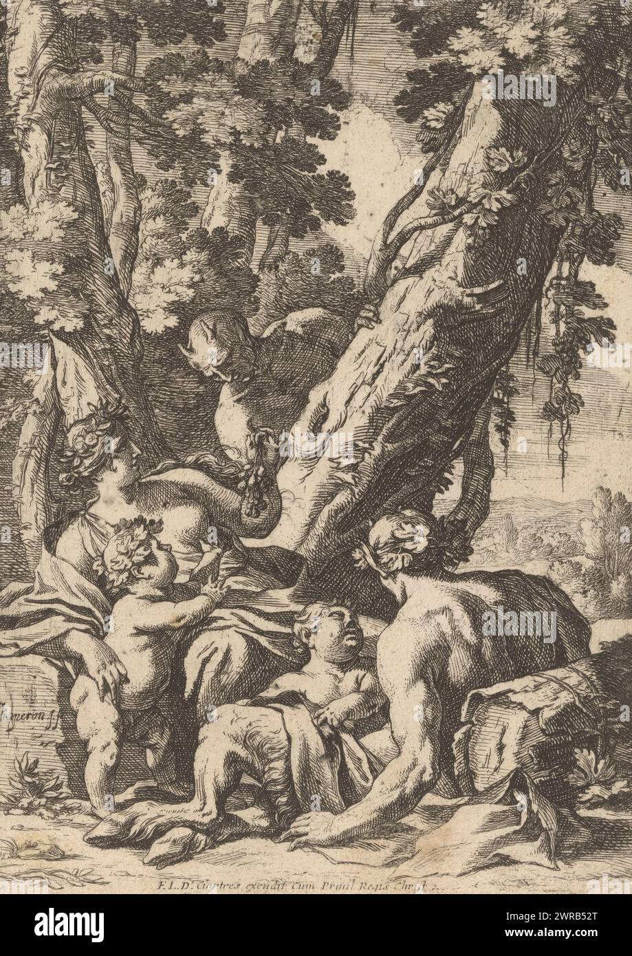 Faun mit seiner Frau und seinen Kindern unter einem Baum, Druckerei: Nicolas Chaperon, Verlag: Franse kroon, Frankreich, 1622–1647, Papier, Ätzen, Höhe 229 mm x Breite 165 mm, Druck Stockfoto