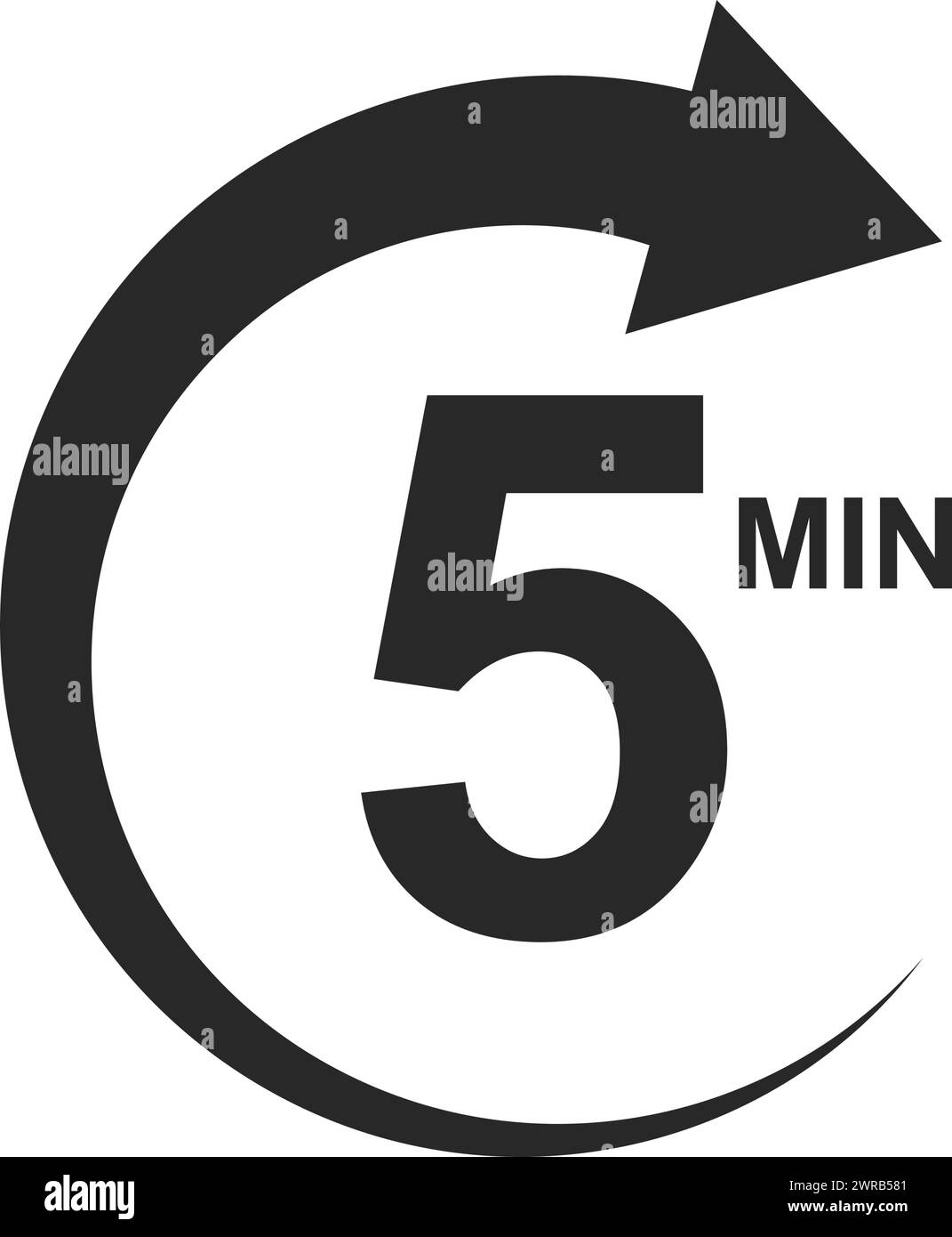 Fünf-Minuten-Symbol mit rundem Pfeil. 5 Minuten Stoppuhr oder Countdawn-Schild. Sport- oder Kochtimer isoliert auf weißem Hintergrund. Piktogramm für Lieferung, Frist, Dauer. Vektorgrafik. Stock Vektor